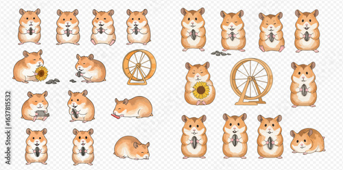 An illustrated collection of cute hamsters in various poses, eating sunflower seeds, sleeping, and with a wheel.