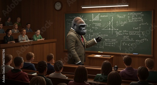 A gorilla dressed in a suit teaching mathematics to an audience in a lecture hall.