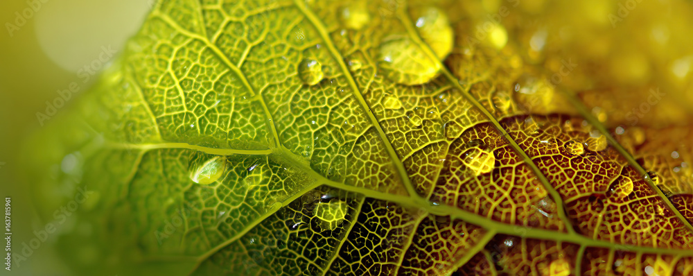 Obraz premium Close-up of a leaf showcasing raindrops and intricate details in a green and brown color palette