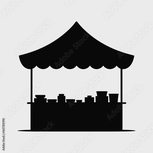 Silhouette of a market stall with shelves of goods