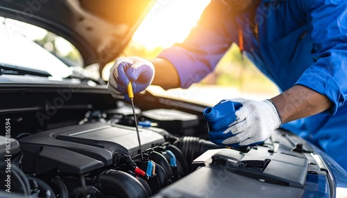 Mechanic checking engine oil level.