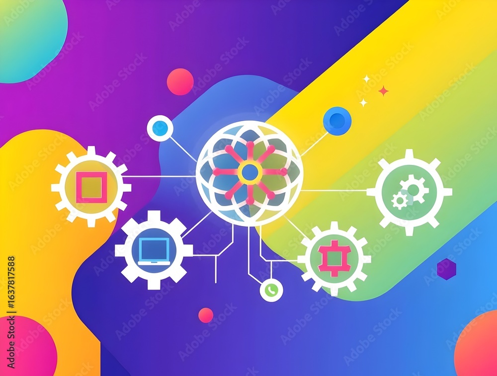 Obraz premium Vibrant Network Connected Gears and Abstract Forms