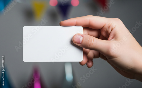 Blank Mockup Hand Holding Gift Card With Blurred Party Background