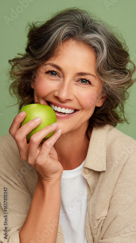Beautiful cheerful smiling mature woman bites a green apple.	