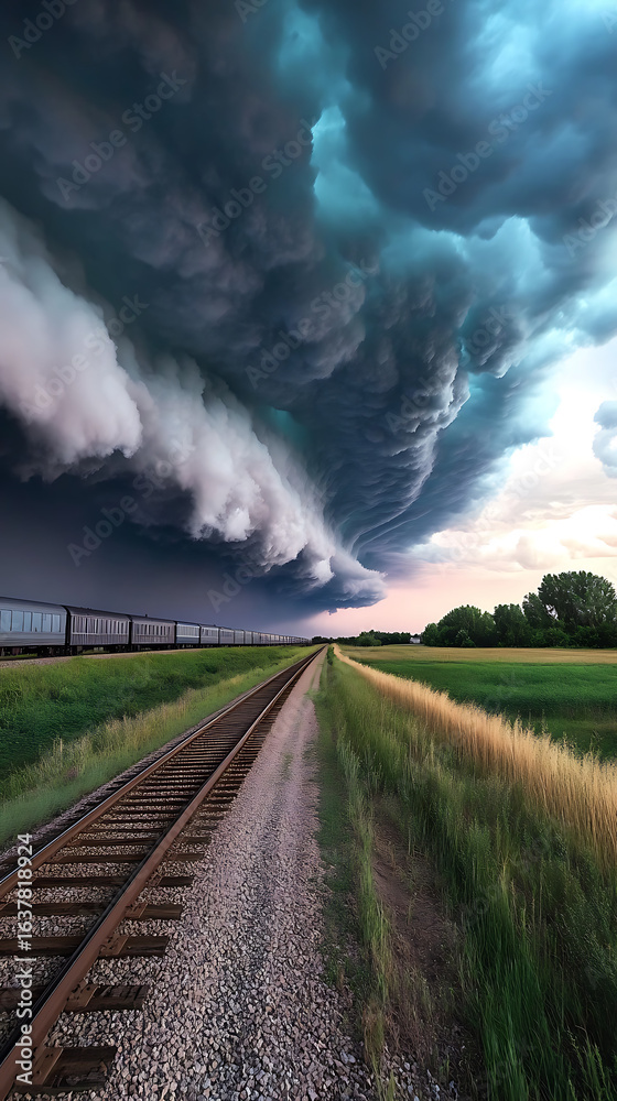 Fototapeta premium Dramatic storm clouds over rural train tracks