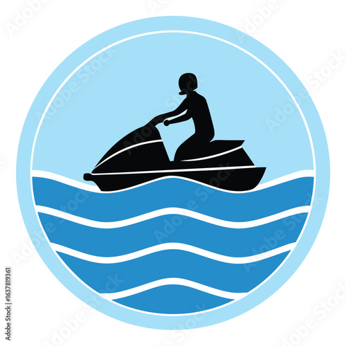 Stylish Jet Ski Silhouette Icon:  Person Riding Watercraft on Ocean Waves, Blue Circular Design, Summer Recreation,  Vector Illustration,  Clean Minimalist Style,  Perfect for Website or Print.