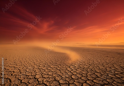 Dramatic sunset over cracked desert ground with glowing fissures and dead trees symbolizing extreme drought and global warming