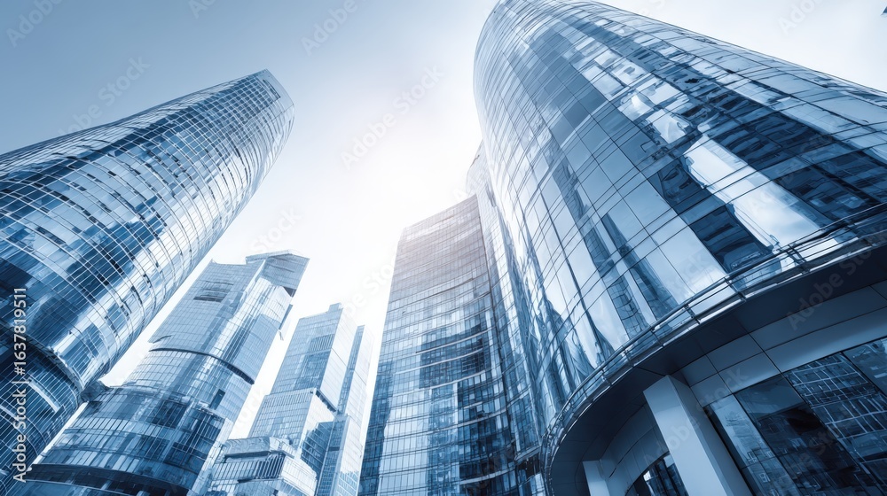 Fototapeta premium Modern Cityscape with Blue Glass Skyscrapers Reaching Skyward in a Central Business District