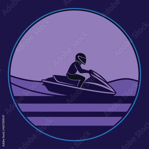 Stylish Jet Ski Rider Silhouette:  Purple and Blue Retro Design,  Water Sports Vector Illustration,  Perfect for Summer Branding,  Active Lifestyle Graphics,  Cool and Energetic Mood.