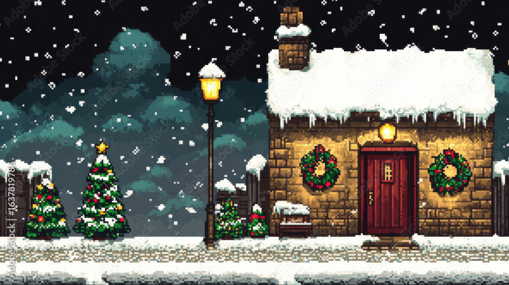 Obraz premium Magical snowy street scene with pixel art house and cheerful Christmas decorations during a winter evening