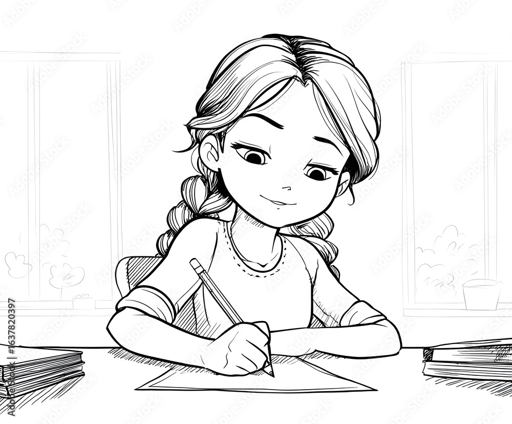 Girl writing on paper with a pencil coloring page Girl writing on paper with a pencil coloring page