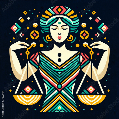 Stylized Libra zodiac woman holding scales in vibrant colors against a cosmic background