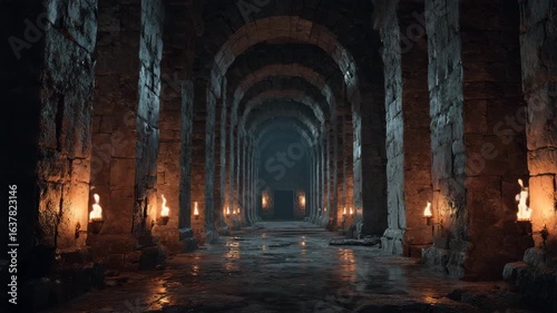 Ancient vaulted corridor in a medieval castle filled with mysterious atmosphere and lit by candles