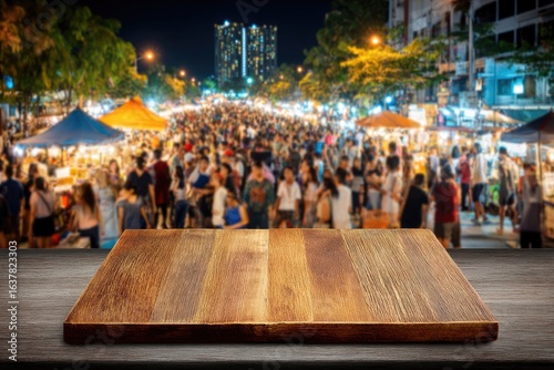 Wallpaper Mural Wooden table in front of a bustling night market (1) Torontodigital.ca