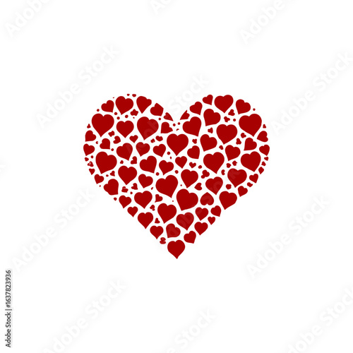 Vector art of heart shape made of many small red hearts, isolated on white background