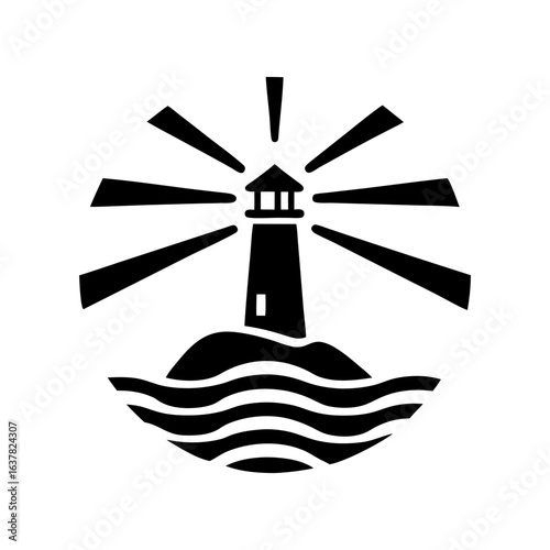 Minimal black and white lighthouse on hill with wavy waters and sun rays, suitable for nautical branding, maritime navigation and coastal landscape graphics