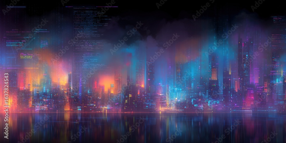 Obraz premium Futuristic Cityscape at Night with Neon Lights Reflecting on Water, Digital Art