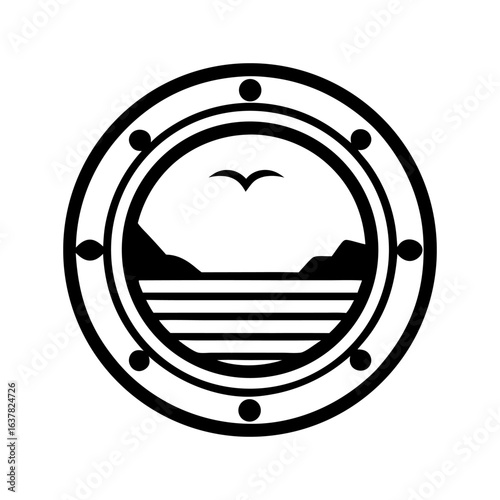 Circular vector design showing porthole view with seagull, island and sea, suitable for nautical branding, marine travel promotions or seafaring business identity