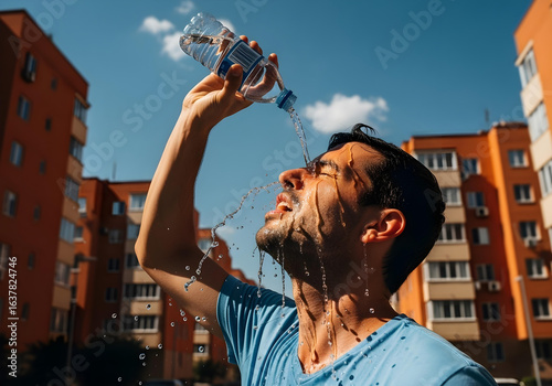 Man pouring water over his head to cool down during intense summer heatwave in urban area representing climate change and extreme temperatures