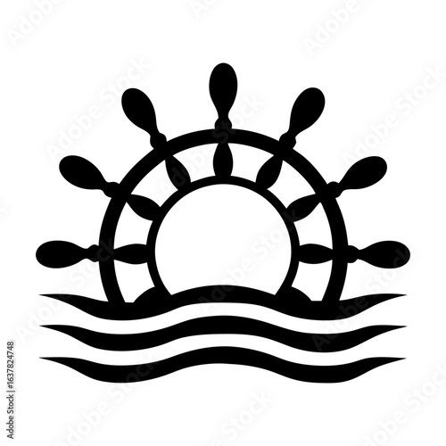 Vector of ship steering wheel emerging from stylized ocean waves, suitable for navigation logo, sailing school emblem or maritime branding with minimal black and white style