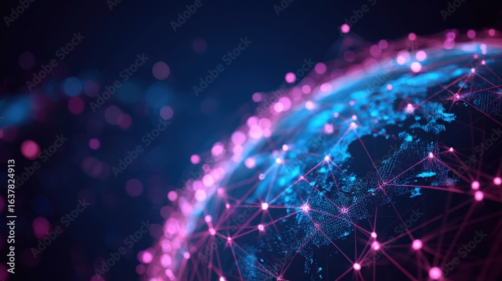 Obraz premium Global Network Connection Visualization with Pink and Blue Nodes Connecting Across a Digital Planet