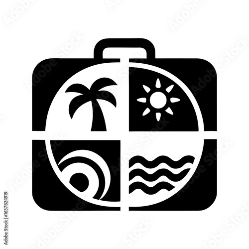 Black and white suitcase with cruise ship, palm tree, sun and waves, suitable for summer holiday branding, travel agency promotions or seaside resort identity