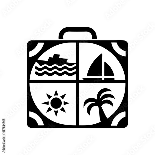 Black and white suitcase with cruise ship, palm tree, sun and waves, suitable for summer holiday branding, travel agency promotions or seaside resort identity