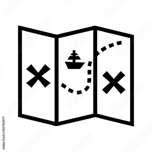 Nautical map with ship route and two cross marks, suitable for treasure hunt concepts, marine navigation or travel planning graphics in clean vector style