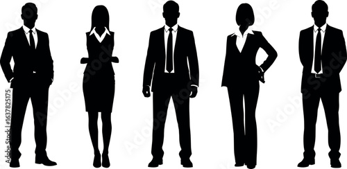 Professional business silhouettes, corporate team illustration, business attire, office workers, executive silhouettes, business professionals, teamwork concept, vector illustration, group pose