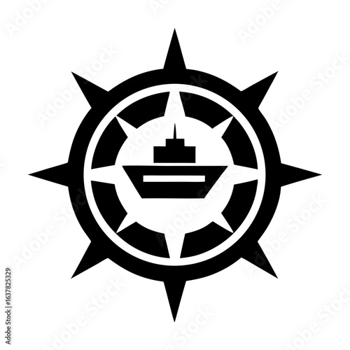 Black compass rose pointing north with cargo ship sailing towards it for maritime business, cruise travel, shipping companies or nautical themed corporate identity projects