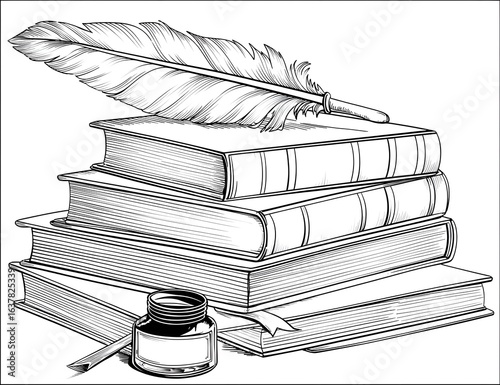 A stack of books with a quill and ink coloring page