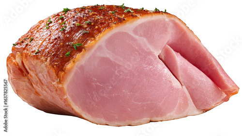 A close up macro photograph of a single delectable slice of cured smoked ham resting on a vibrant multi colored and textured abstract background highlighting its delicious texture and color.