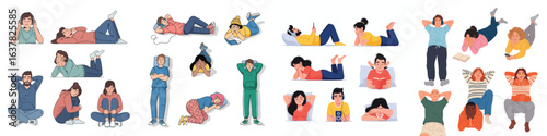 Collection of Diverse People Relaxing, Resting, and Listening