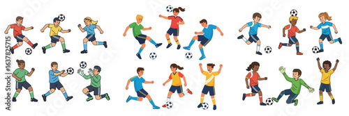Large Set of Diverse Boys and Girls Playing Soccer