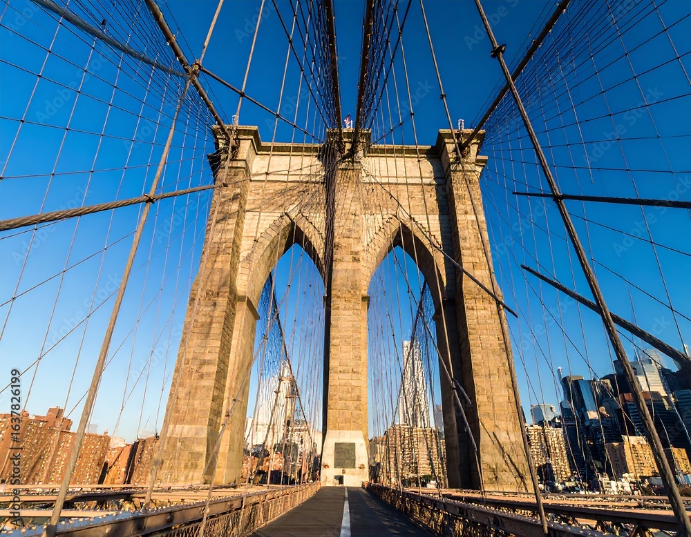 Fototapeta premium Low-angle view of Brooklyn Bridge, sunlit