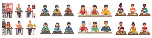 Collection of Diverse People Eating Casual Meals at a Canteen or Food Court