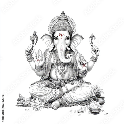 Graphic Design of Minimalist Black and White Ganesha Icon - Isolated on White Background Straight-On