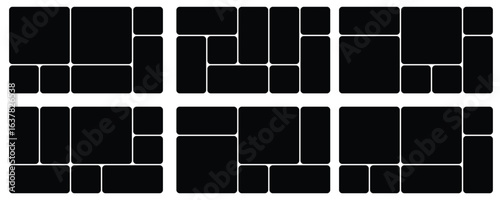 Bento grid vector horizontal layouts. Geometric tiles pattern for photo collage, website layout, etc. Trendy tiling frames arrangements and presentation templates for social media.