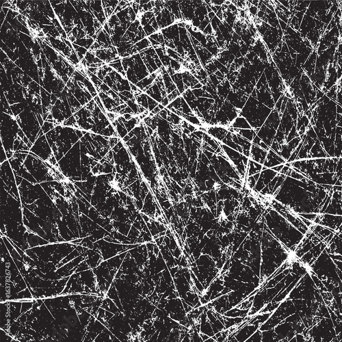 Texture of old surface on black background with white scratches. Textured black grunge background. 