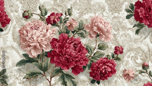 Floral pattern of large pink and red peonies on a cream damask background