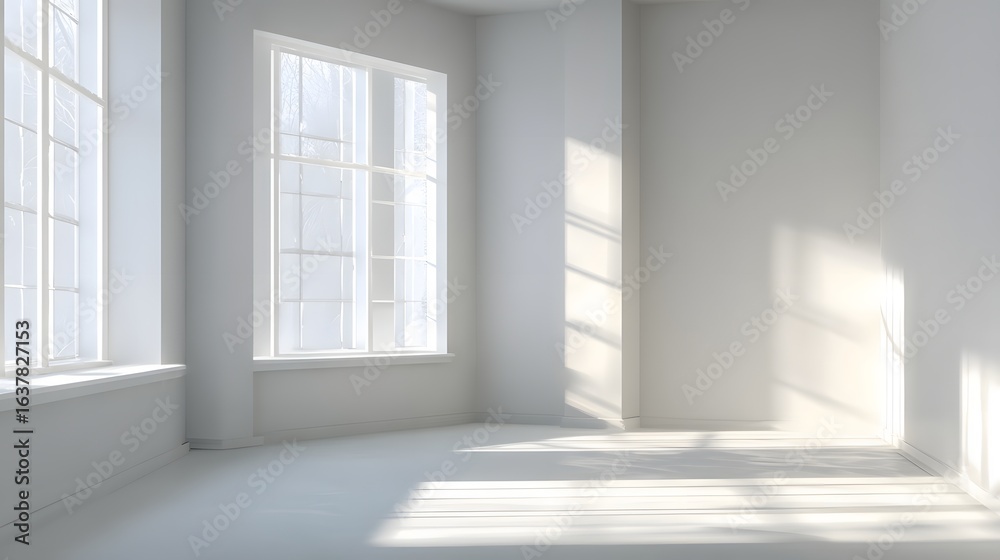Fototapeta premium Empty room with large windows and bright sunlight.