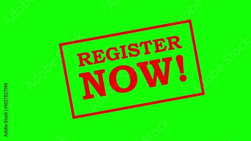 Red color register now typing animation with an animated red border line on green screen
