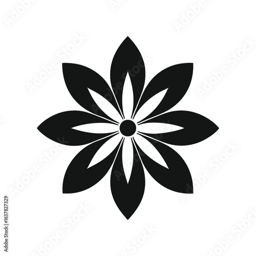 Black Eight Petal Flower Geometric Symbol on White Background abstract bloom