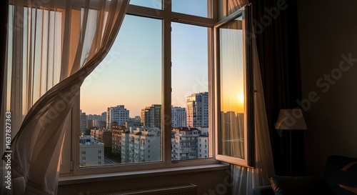 Golden Hour Over the City Through an Open Window with a Billowing Sheer Curtain