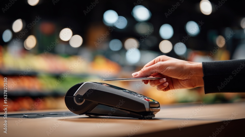 Obraz premium Contactless Payment Transaction at Grocery Store Checkout with Person Tapping Card on Terminal for Convenient Shopping