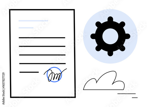 Document with signature, gear representing workflow automation, and abstract cloud element. Ideal for business operations, process management, legal agreements, automation, productivity, modern