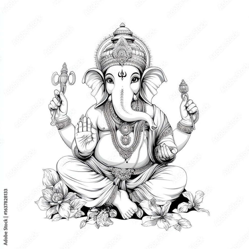 Fototapeta premium Creative Space with Minimalist Black and White Ganesha Artwork Isolated Spiritual Concept