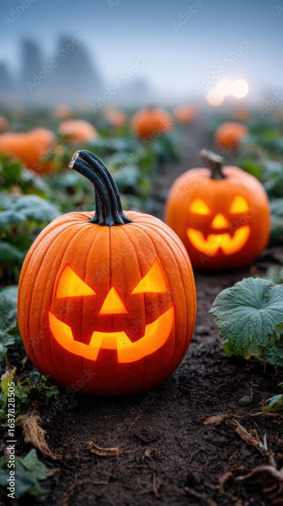 Obraz premium Spooky Halloween Pumpkins Glowing in a Foggy Pumpkin Patch