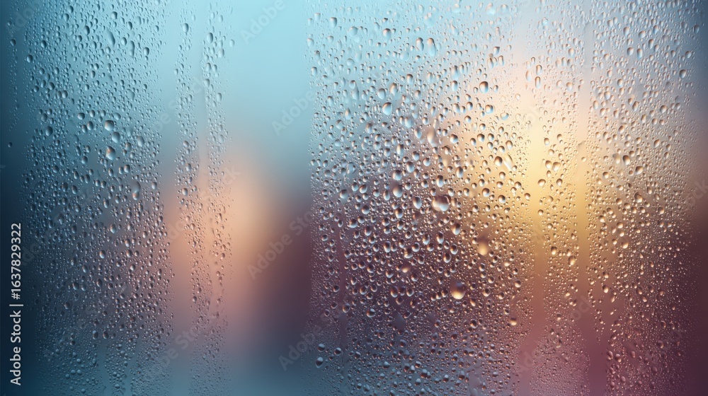 Fototapeta premium Raindrops on Glass: Abstract Atmospheric Background with Blurred Lights Creating a Dreamy Aesthetic
