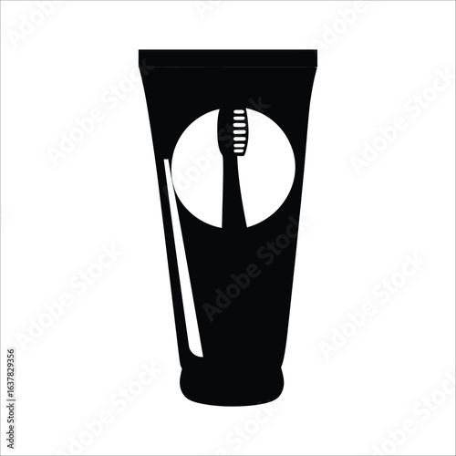 A black and white illustration of a toothpaste tube with a toothbrush in a circle on the tube front